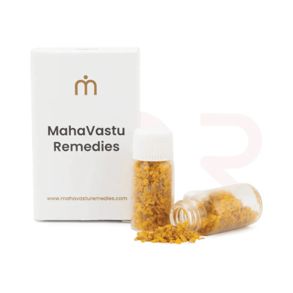 Pukhraj yellow crystal remedy bottles with MahaVastu Remedies box for Vastu Shastra balance