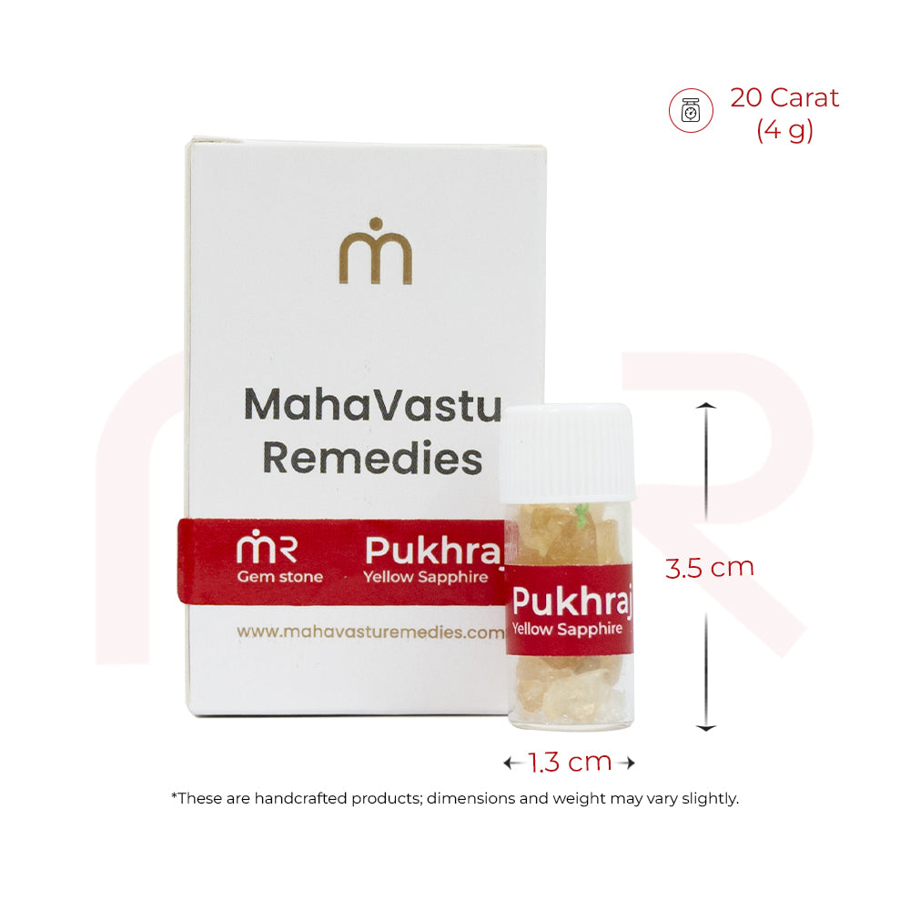 MahaVastu Remedies yellow gemstone bottle with packaging for Vastu Shastra home balance