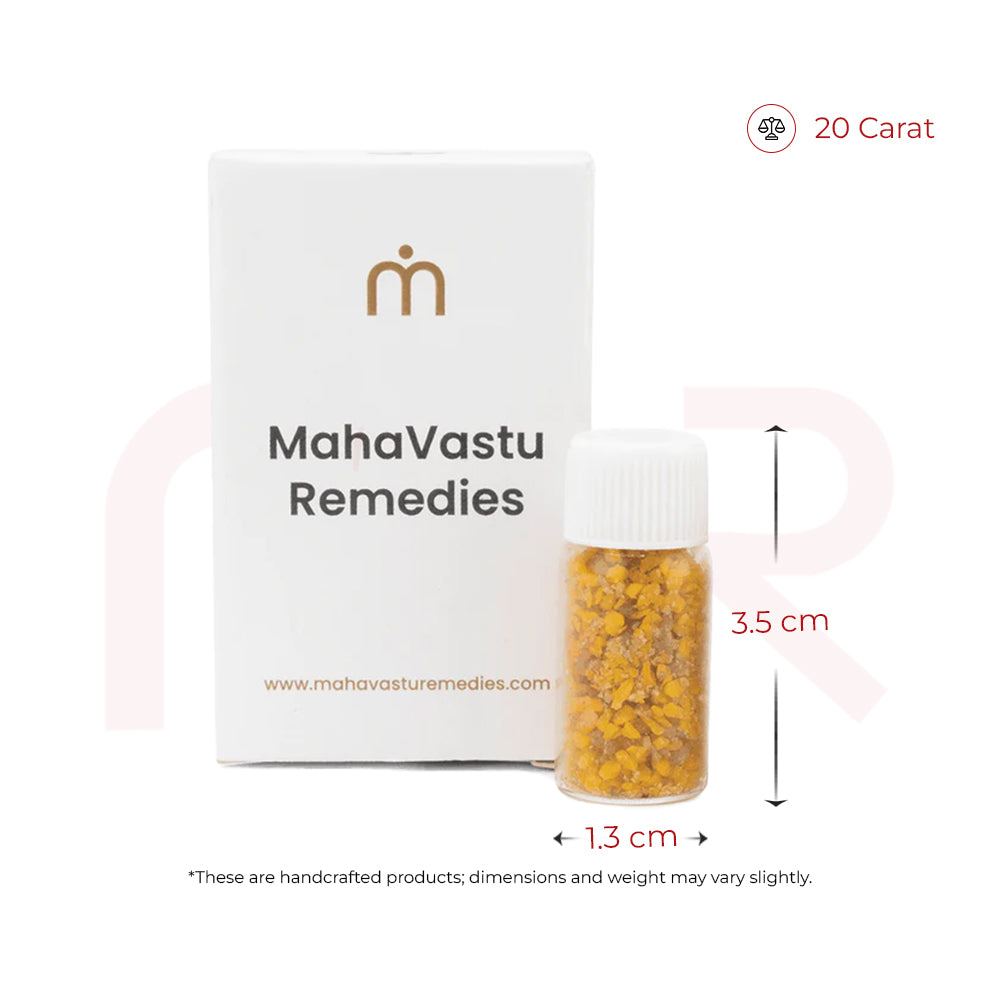 MahaVastu Remedies yellow gemstone bottle with packaging for Vastu Shastra home balance