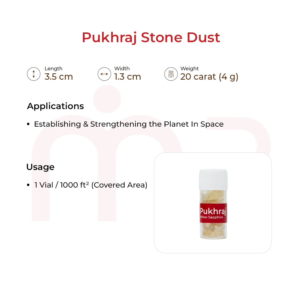 Pukhraj stone dust vial for Vastu remedies, 20 carat, used to enhance positivity.