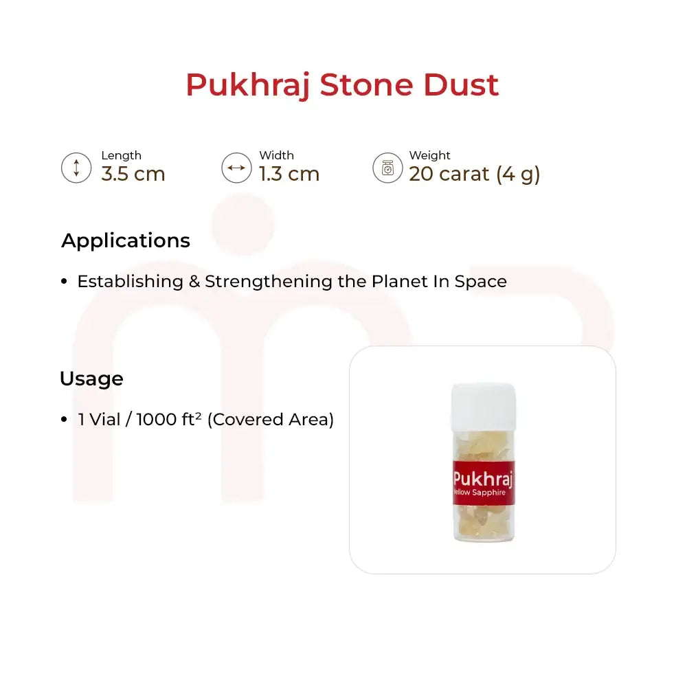 Pukhraj Stone Dust vial for Vastu remedies, 20 carat yellow sapphire powder.