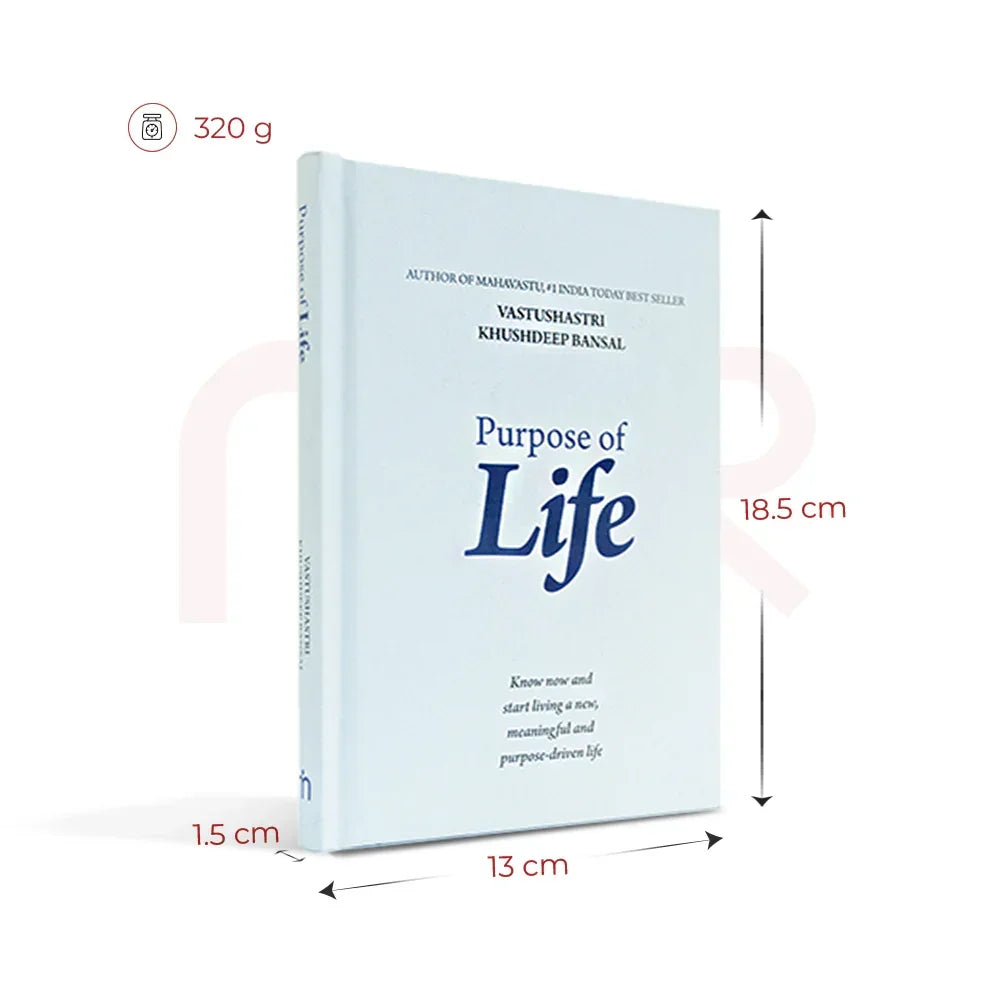 Purpose of Life book by Vastu expert, upright with dimensions and weight shown