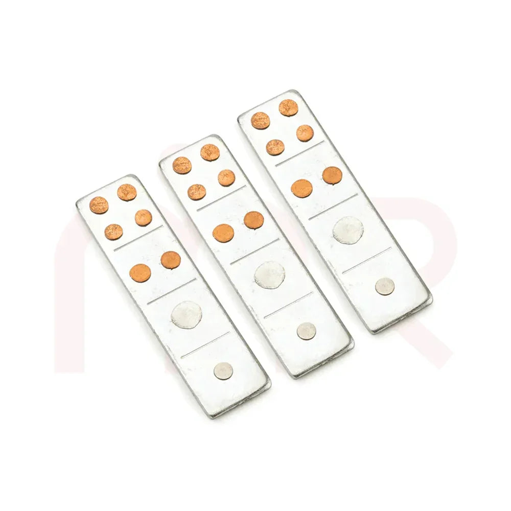 Three rectangular vastu metal strips with copper and silver circles on white background