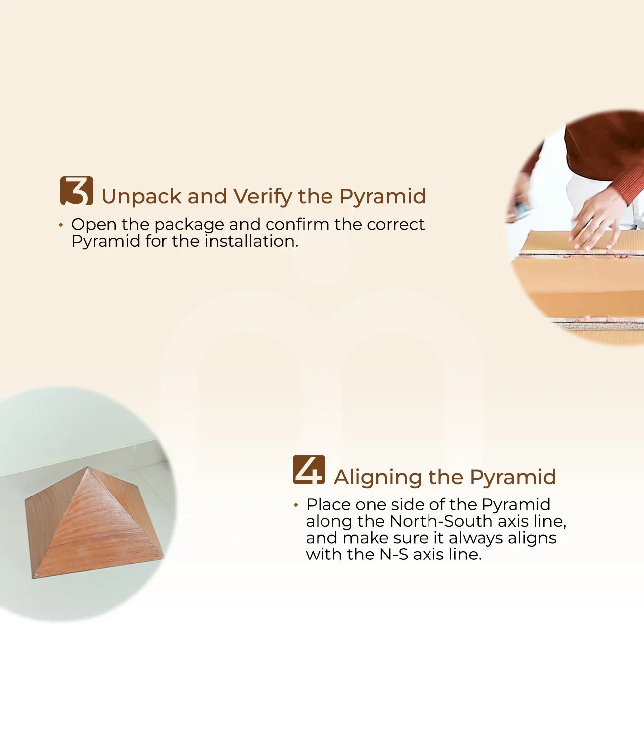 Vastu pyramid unpacking and alignment instruction steps with images and text