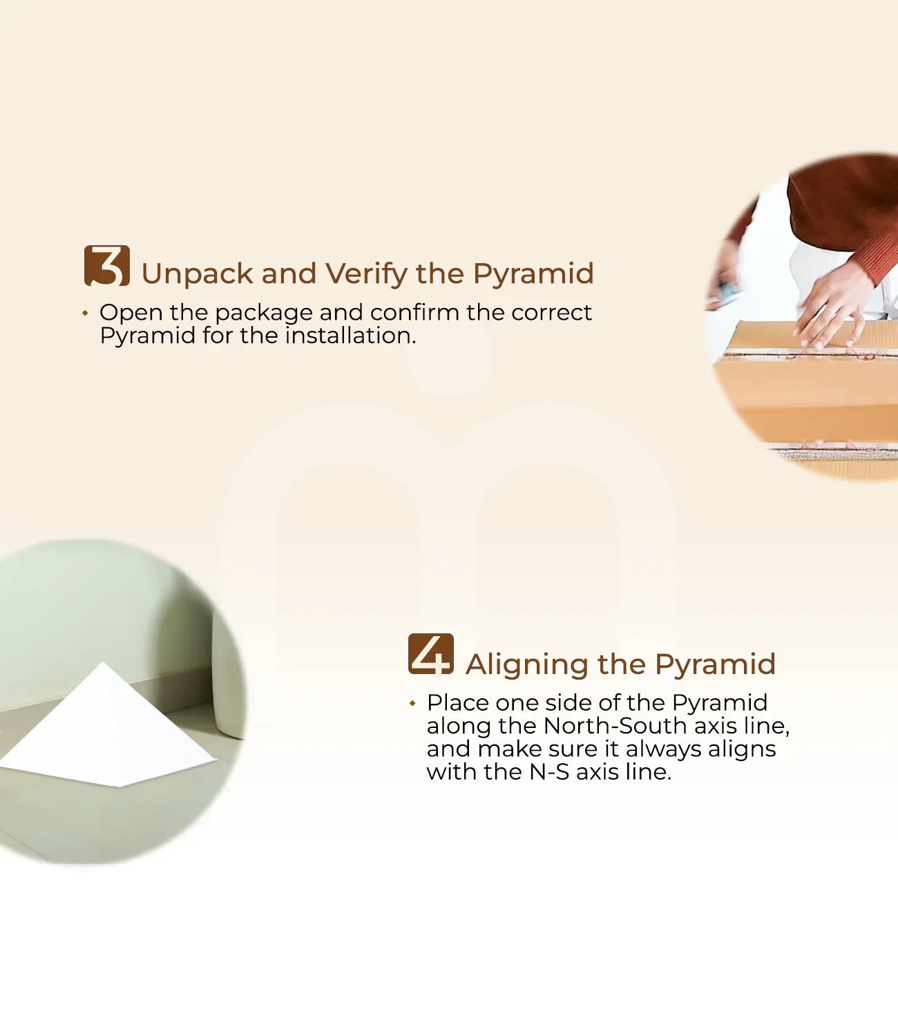 Unpacking and aligning a white Vastu pyramid as per Vastu Shastra installation steps.