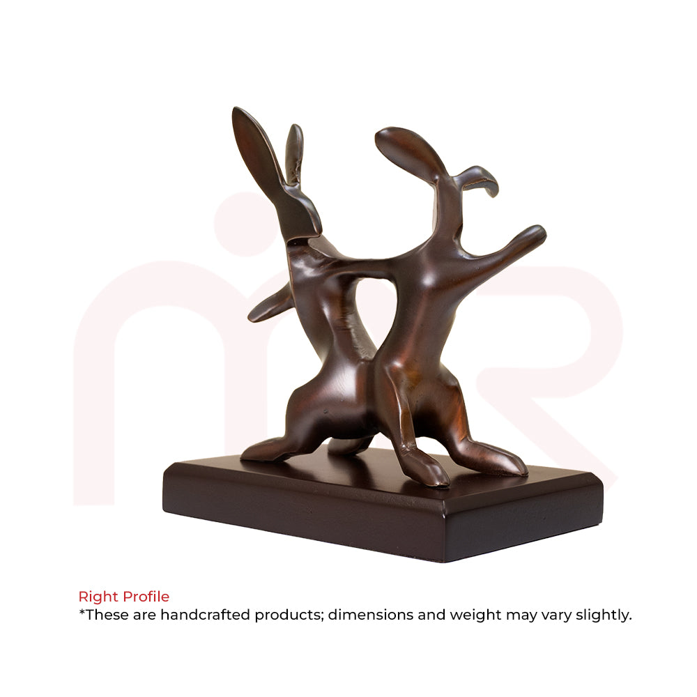 Handcrafted bronze rabbit pair statue on wooden base, Vastu remedy home decor