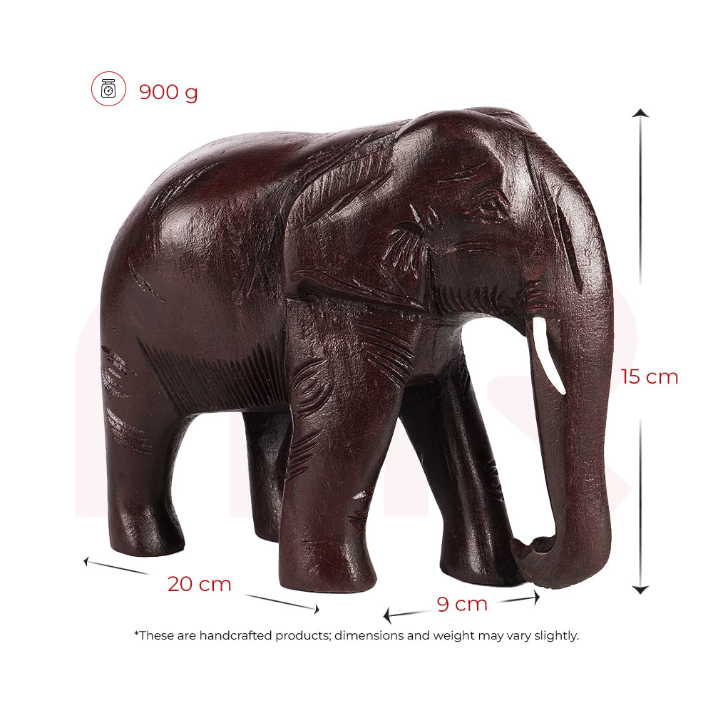 Handcrafted red elephant statue for Vastu, shown with dimensions and weight details