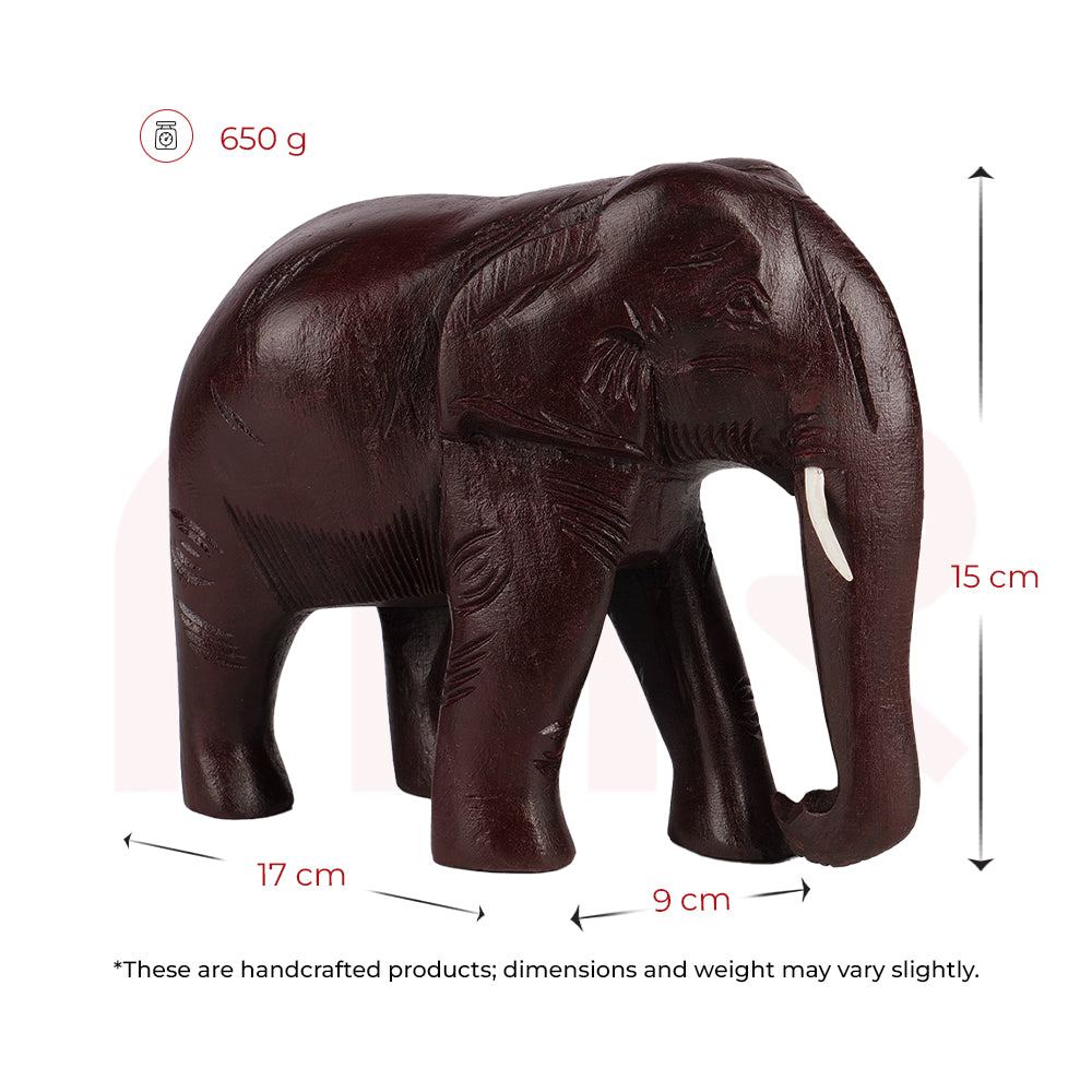 Handcrafted red elephant statue for Vastu, shown with dimensions and weight details