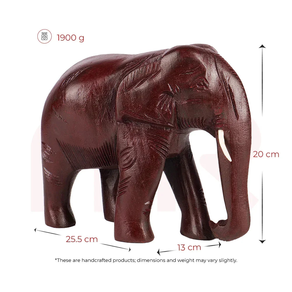 Handcrafted red elephant statue for Vastu, shown with dimensions and weight details