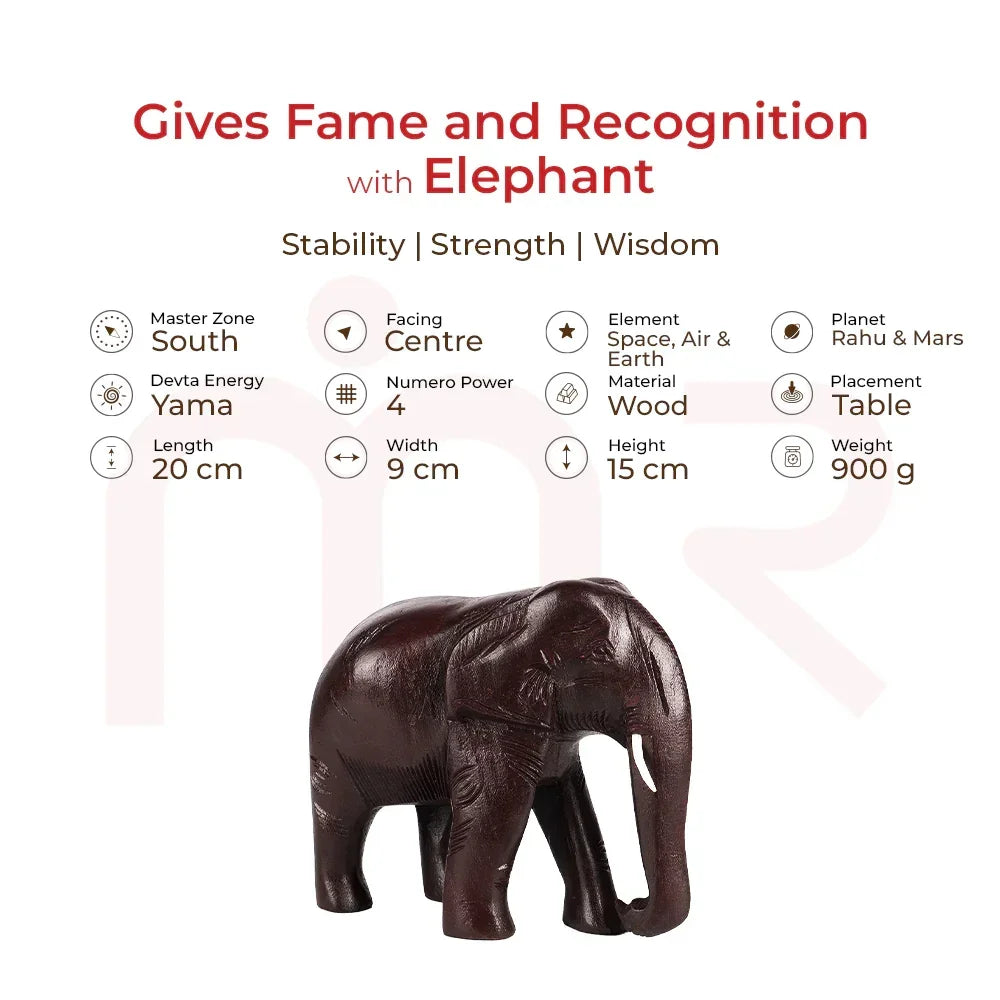 Red wooden elephant figurine for Vastu, promotes fame and recognition, with product specs and benefits.