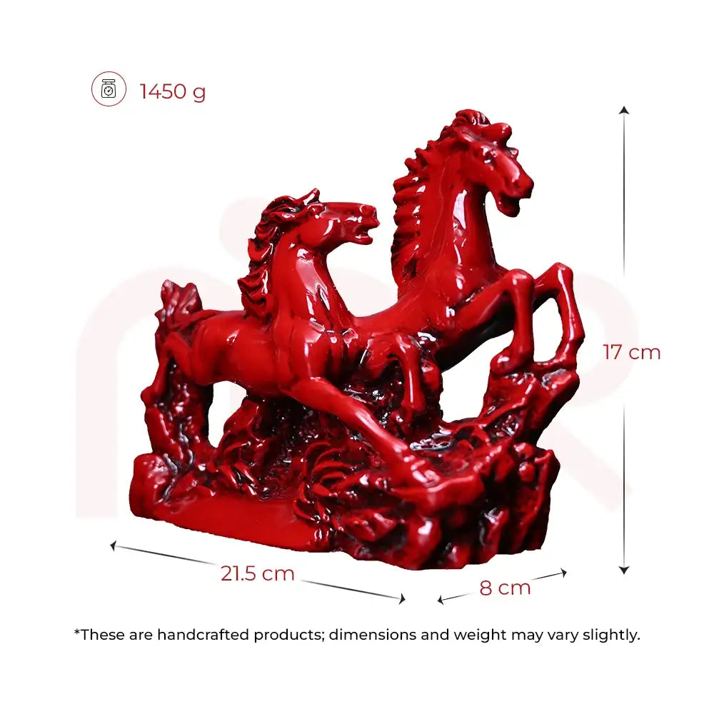 Red running horses Vastu remedy statue, 21.5 cm wide handcrafted decor for prosperity