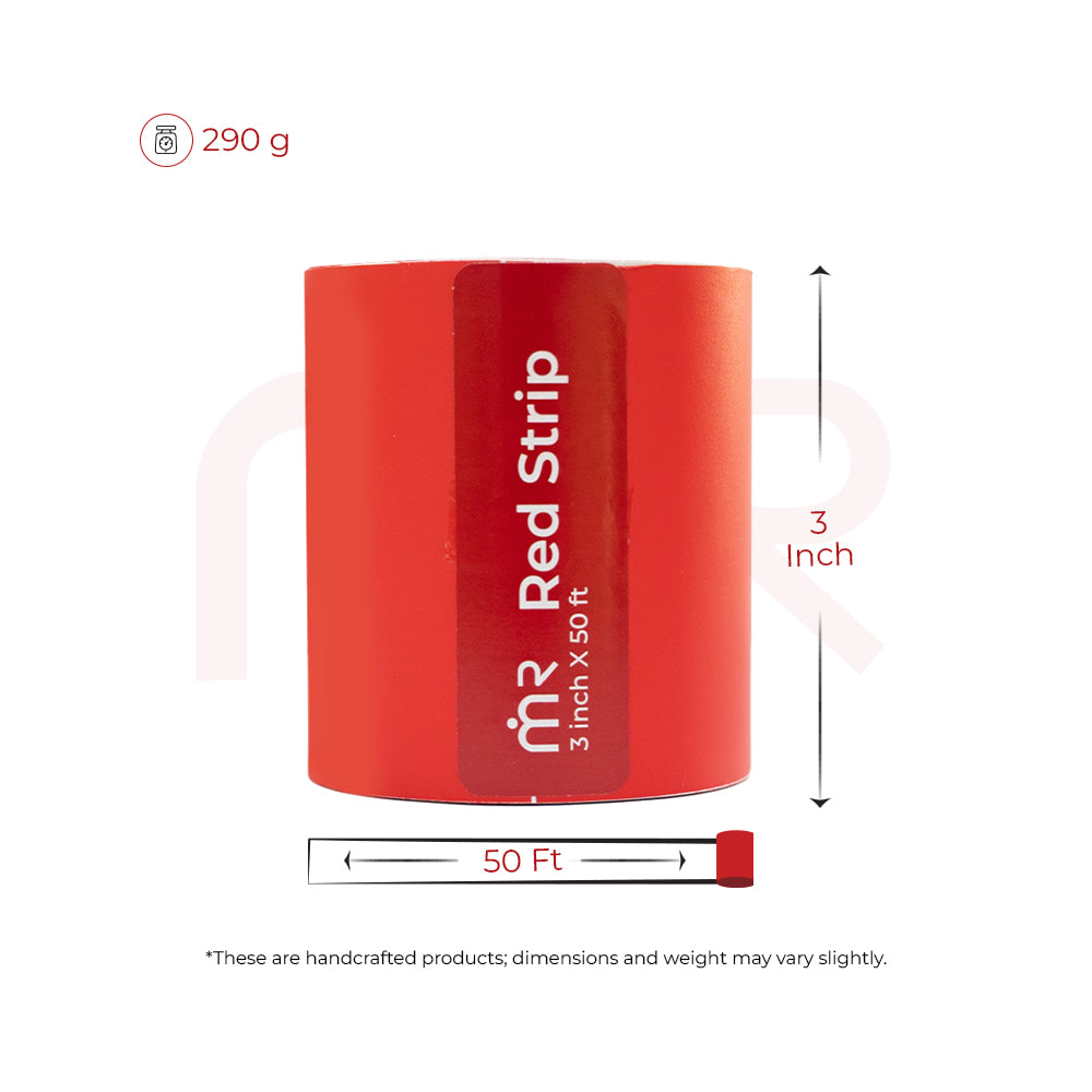 MahaVastu 3-inch red tape roll, 50 feet long, 290g, shown for Vastu remedies and space balancing.