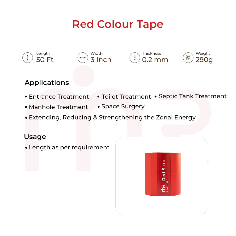MahaVastu Red Strip Vastu remedy tape, 50 ft x 3 in, shown with usage and application details.