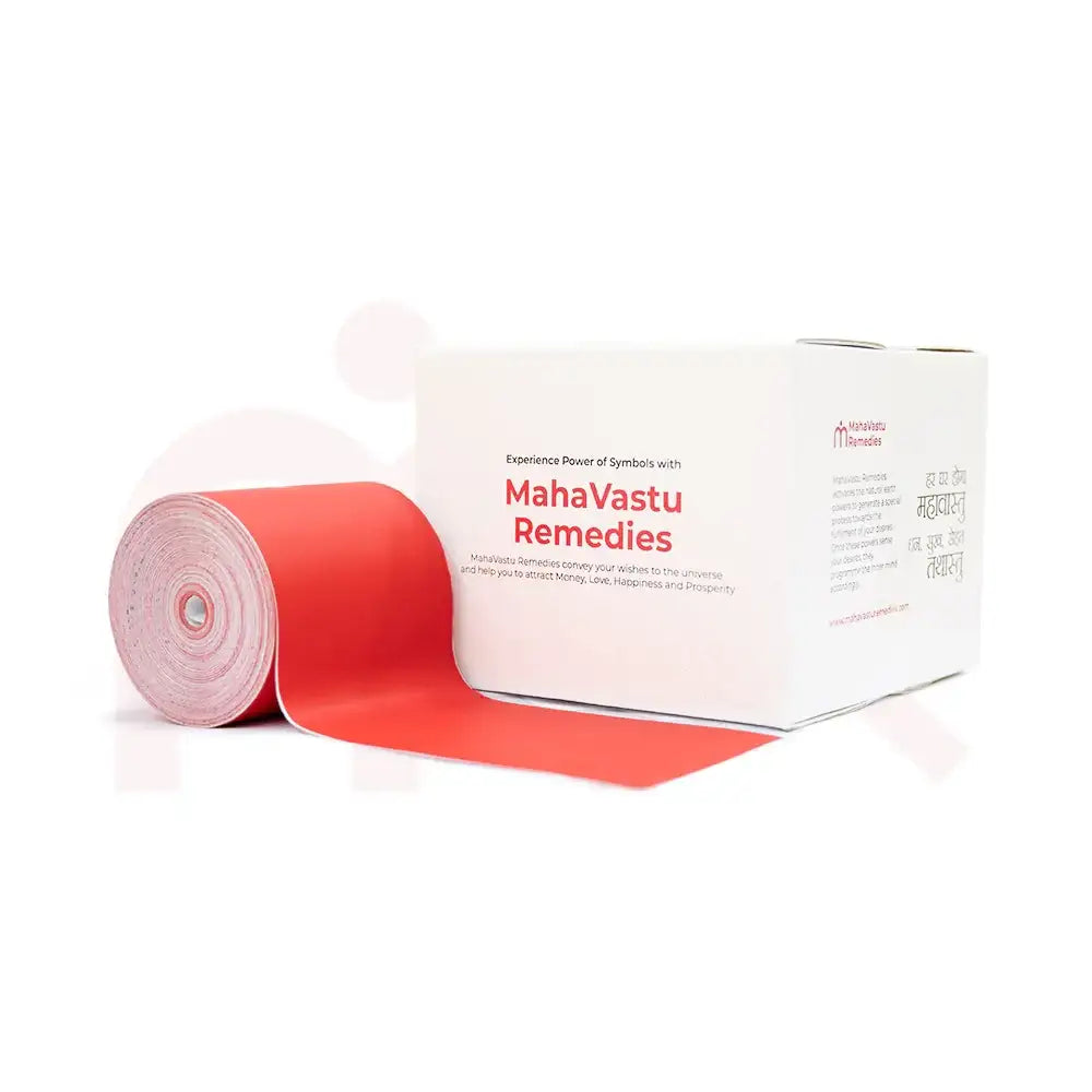 Red Vastu color tape roll with MahaVastu Remedies packaging for home energy balance and prosperity
