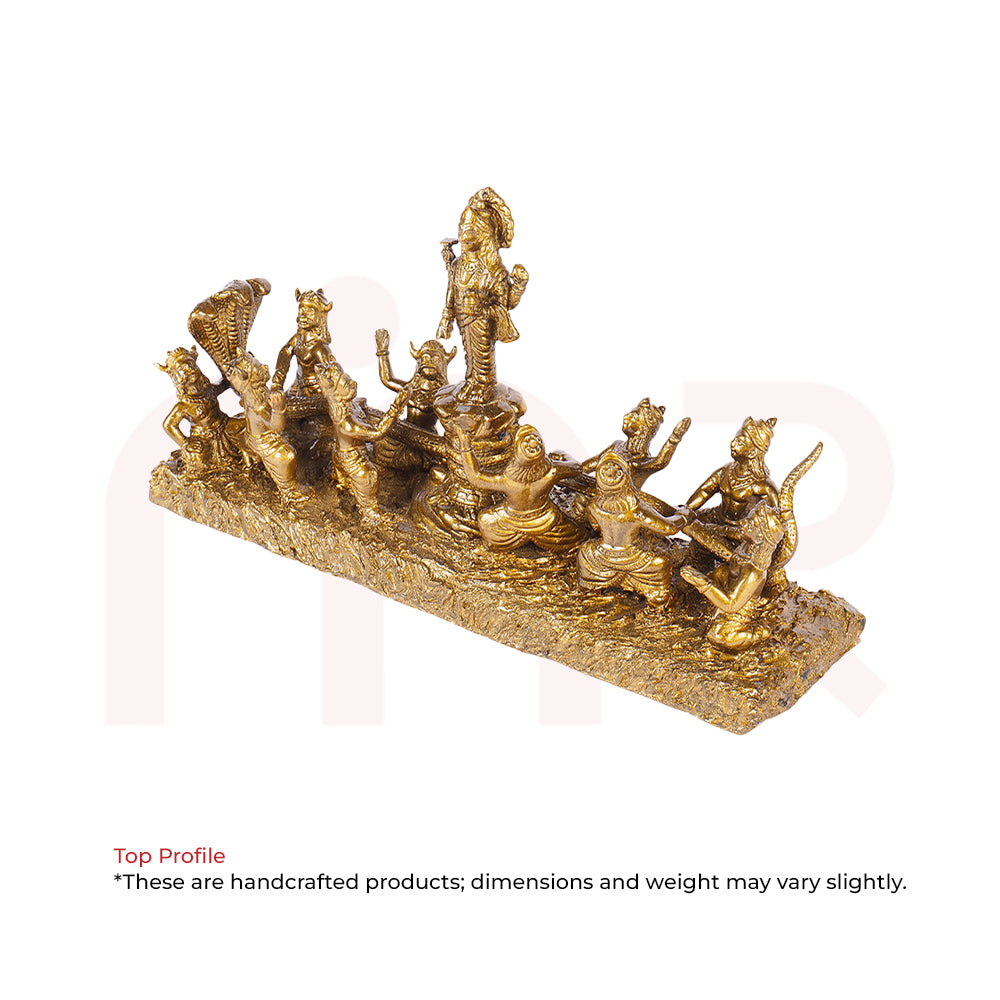 Brass Samudra Manthan statue, Vastu decor remedy with Hindu deities and serpent design