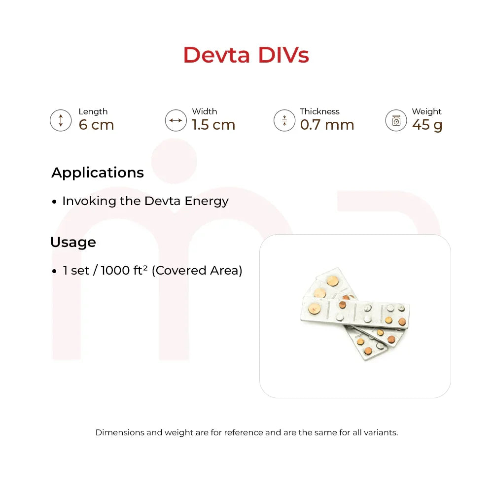 Satya MahaVastu remedy metal strips with application details for invoking Devta energy