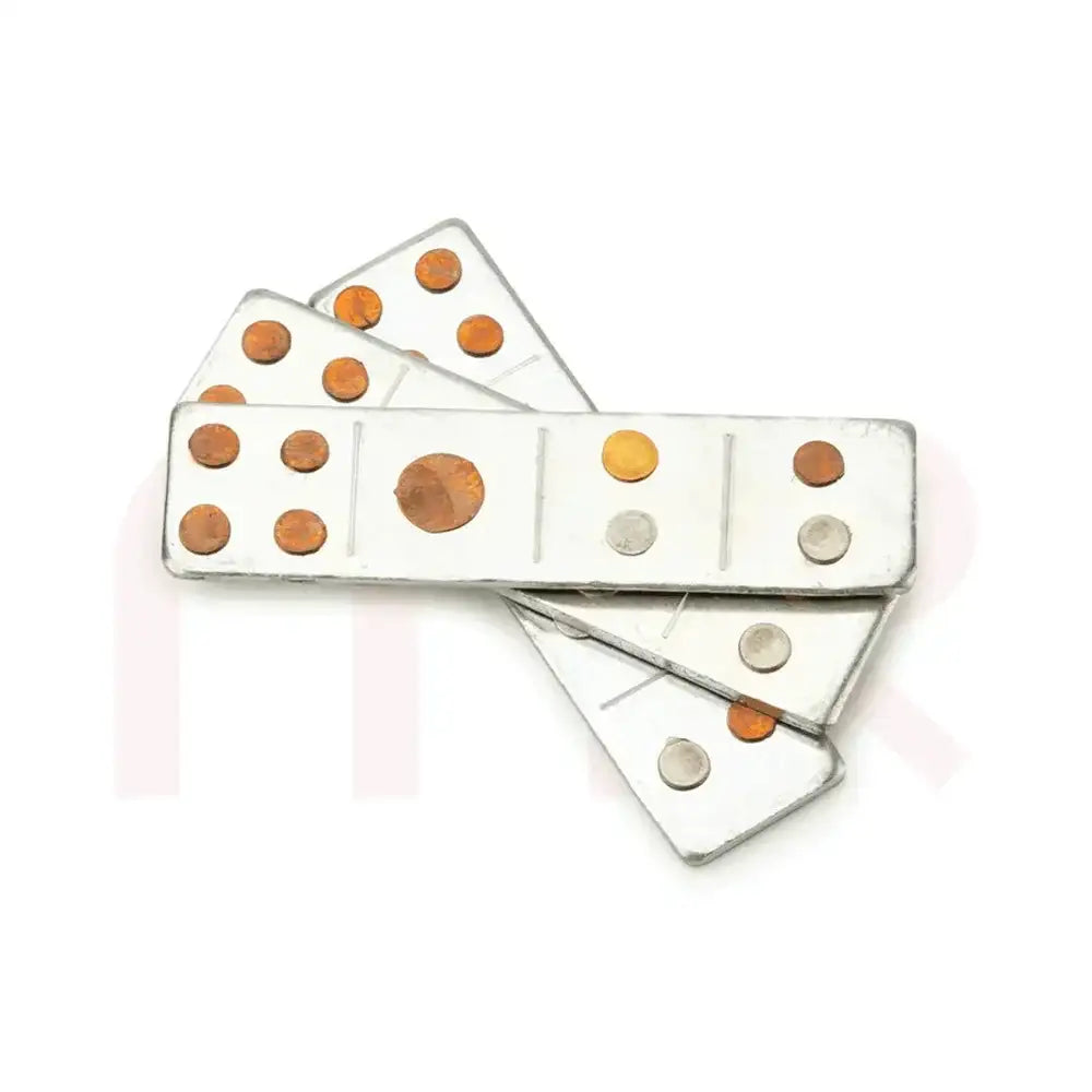 Metal strips with copper and silver inlay for Maha Vastu remedies and energy balancing.