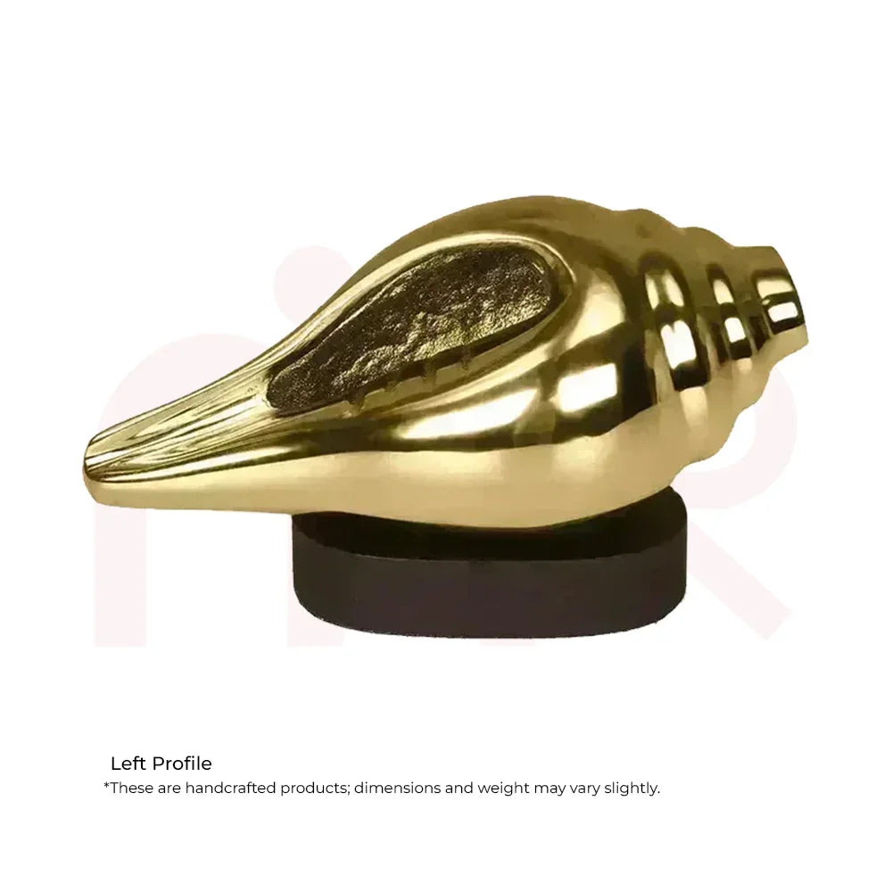 Golden Shankh conch shell Vastu remedy on black base, side profile, for positivity and prosperity