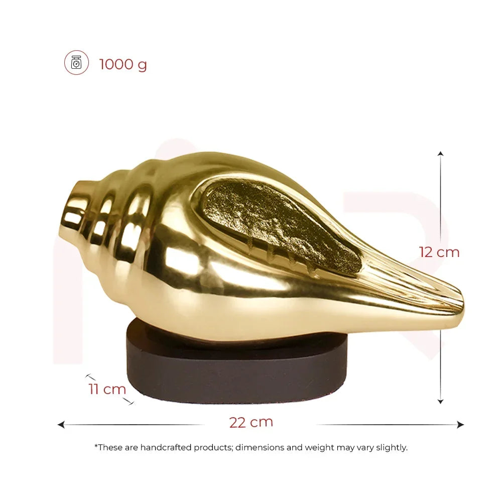 Golden Vastu shankh conch shell on black base, 22x11x12 cm, 1000g, home decor remedy