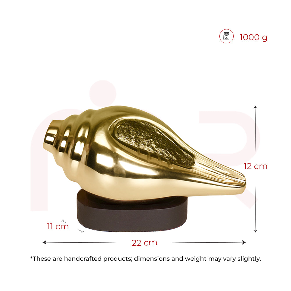 Golden Vastu shankh conch shell on black base, 22x11x12 cm, 1000g, home decor remedy