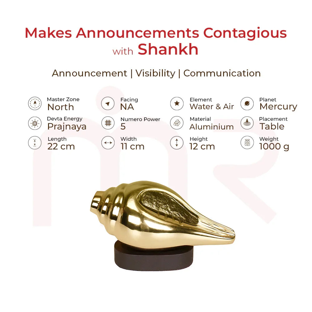 Golden aluminium Shankh vastu remedy on black base, used for announcement, visibility, communication.