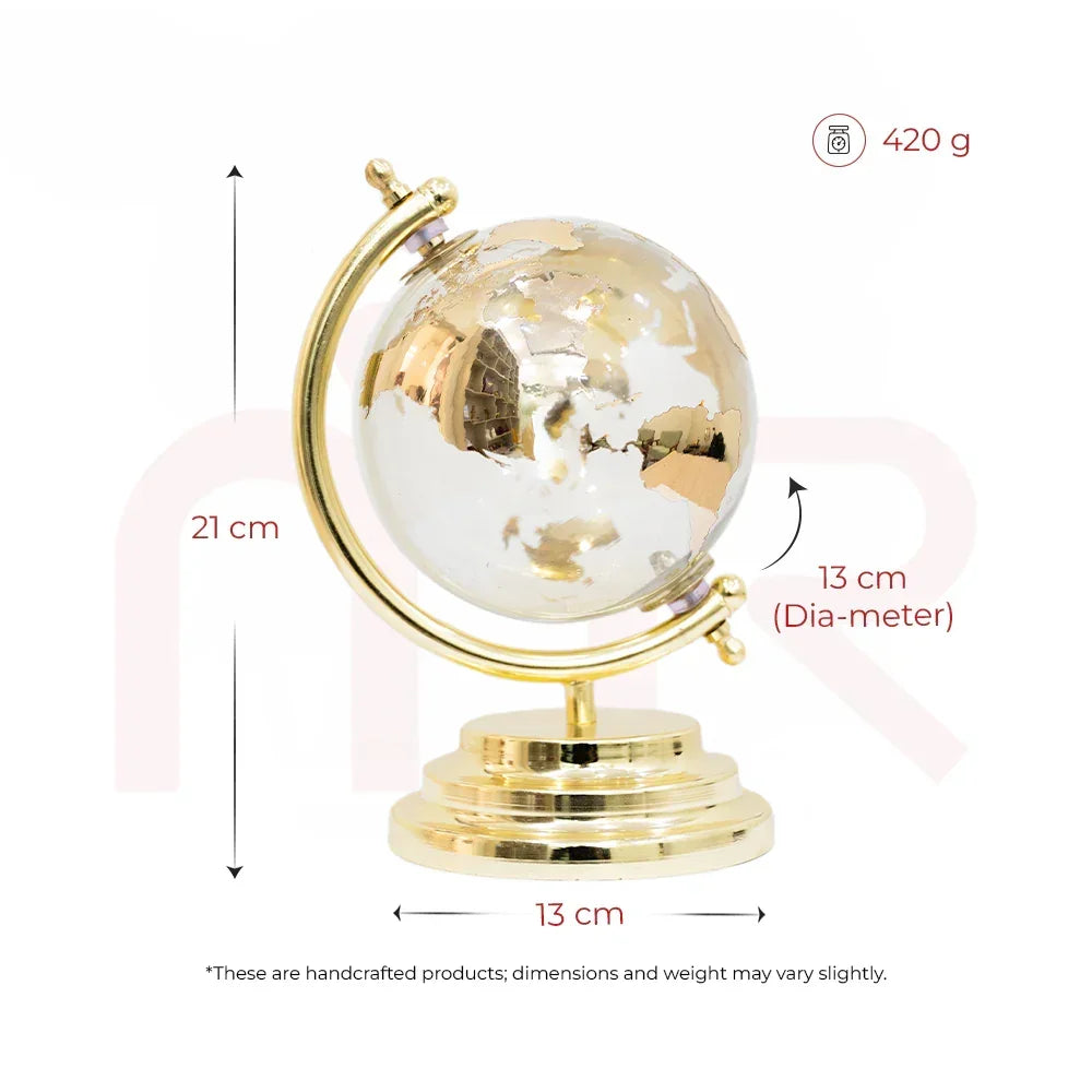Small decorative glass globe with gold continents on a gold stand, 21 cm tall, Vastu remedy decor