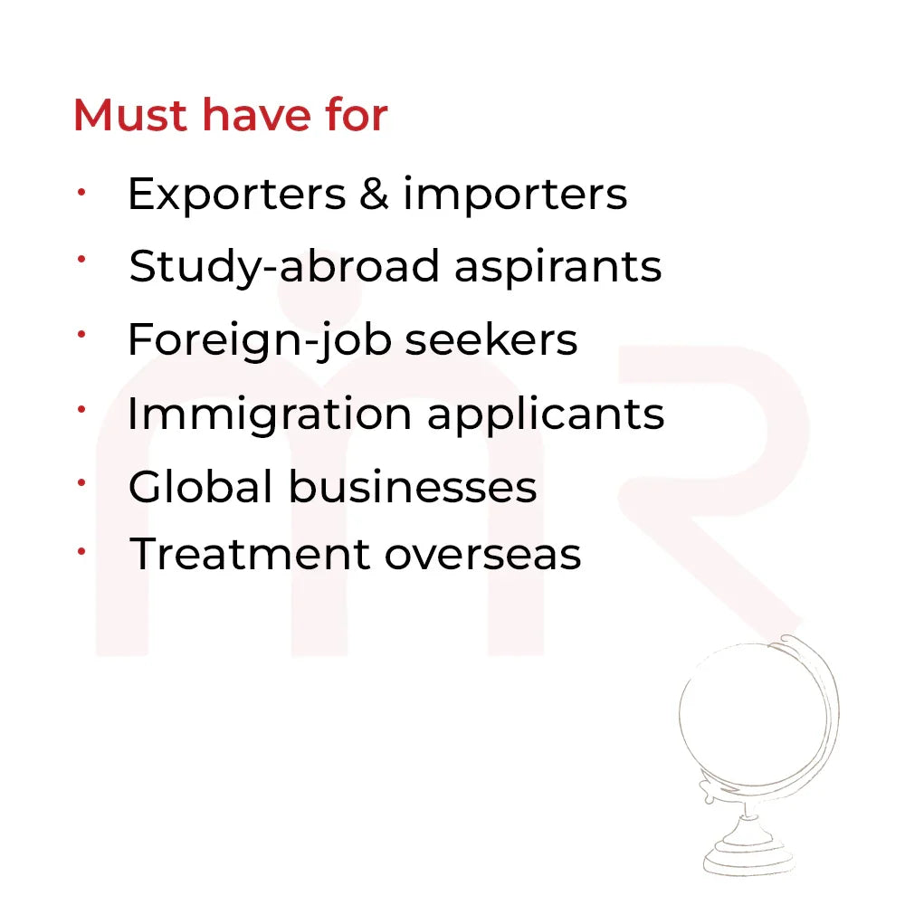 Must-have for exporters, importers, study-abroad seekers, global businesses — globe icon shown
