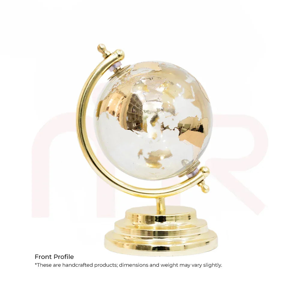 Small gold and silver decorative globe on shiny brass stand, Vastu remedy decor