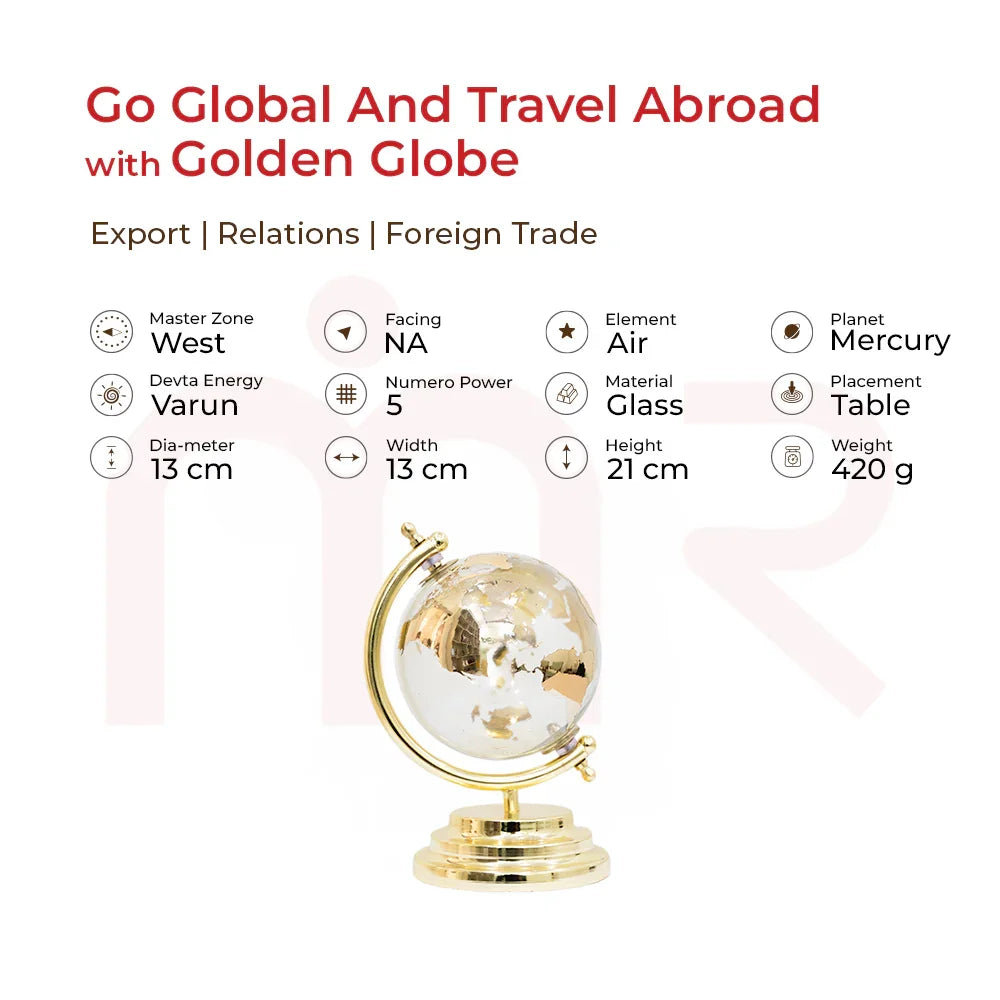 Golden glass globe for Vastu, 13cm diameter, placed on table to attract global opportunities and Mercury energy