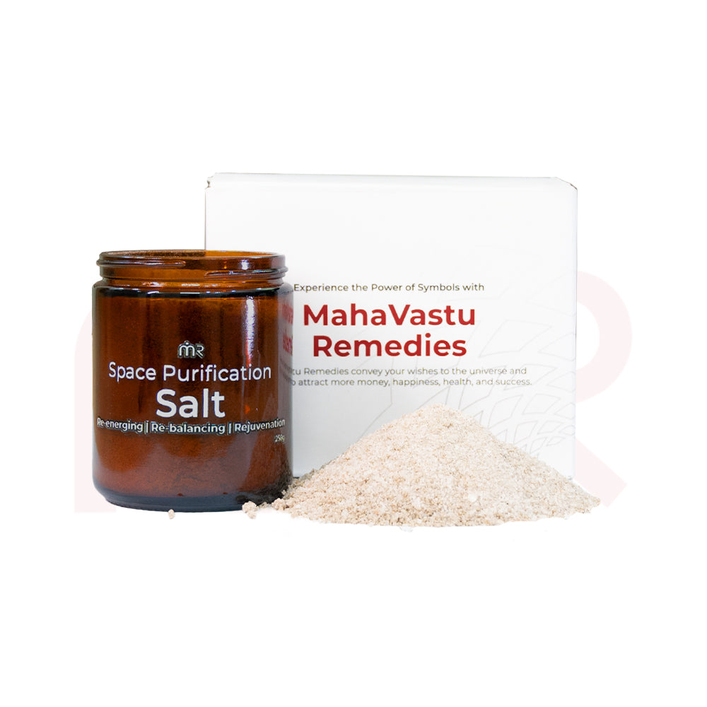 MahaVastu Remedies Space Purification Salt jar and loose salt next to a white shipping box.