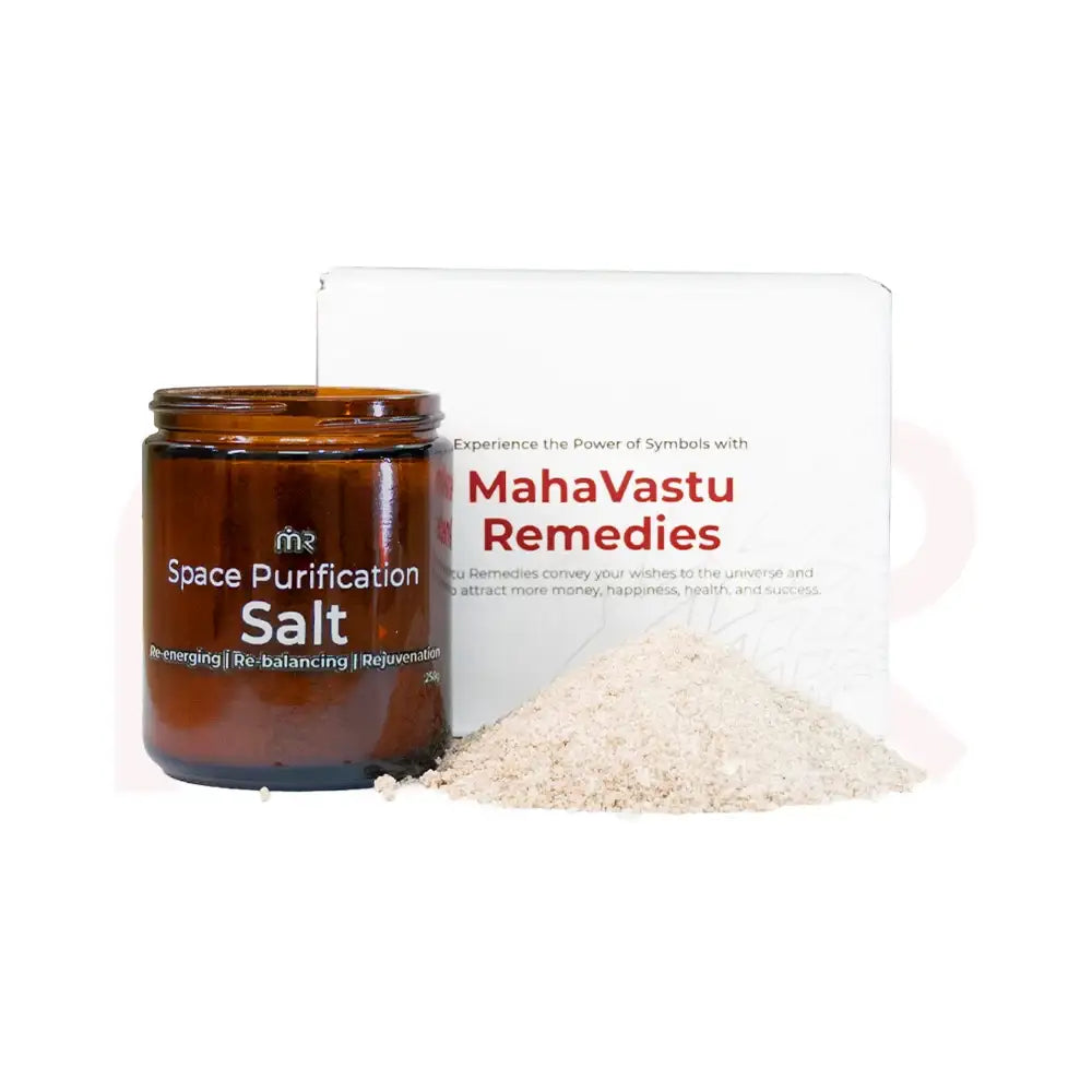 MahaVastu Remedies Space Purification Salt jar and loose salt next to a white shipping box.