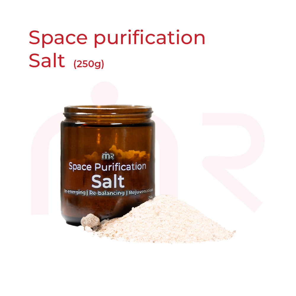 MahaVastu Remedies Space Purification Salt in a brown glass jar with a pile of salt.