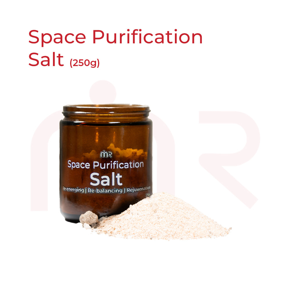MahaVastu Remedies Space Purification Salt in a brown glass jar with a pile of salt.