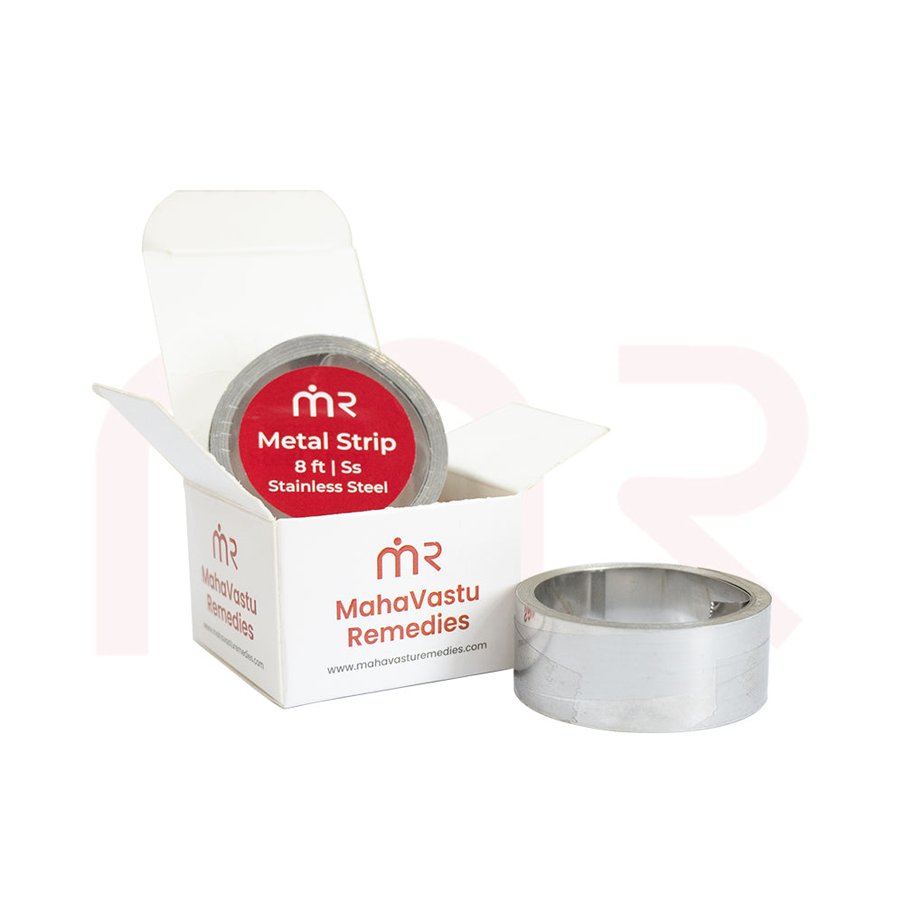 Maha Vastu metal strip remedy for home energy balance, shown with packaging