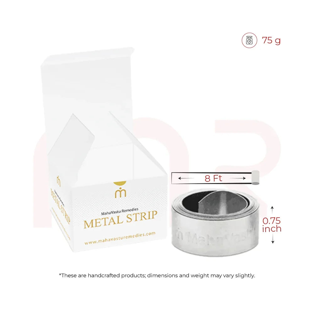 Stainless steel MahaVastu metal strip with packaging, 8 ft length, 0.75 inch width, 75g weight.