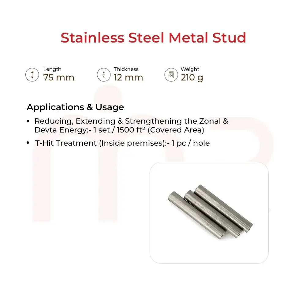 Stainless steel metal stud for Vastu energy balancing, 75mm length, 12mm thickness, ideal for zonal & devta energy treatment