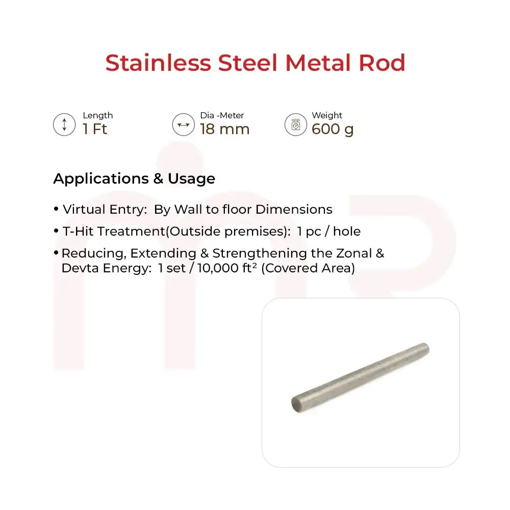 Stainless steel Vastu metal rod for energy balancing, 1 ft long, 18 mm diameter, 600g weight