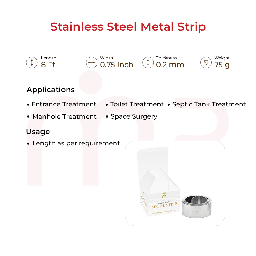 Stainless steel MahaVastu strip for entrance, toilet, and space treatments, product details shown.