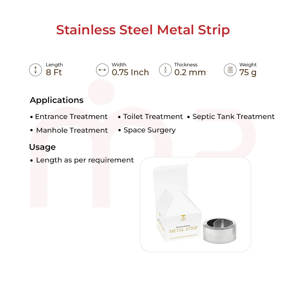 Stainless steel MahaVastu strip for entrance, toilet, and space treatments, product details shown.