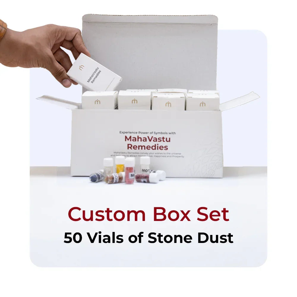 MahaVastu Remedies custom box set with 50 stone dust vials for Vastu Shastra balance