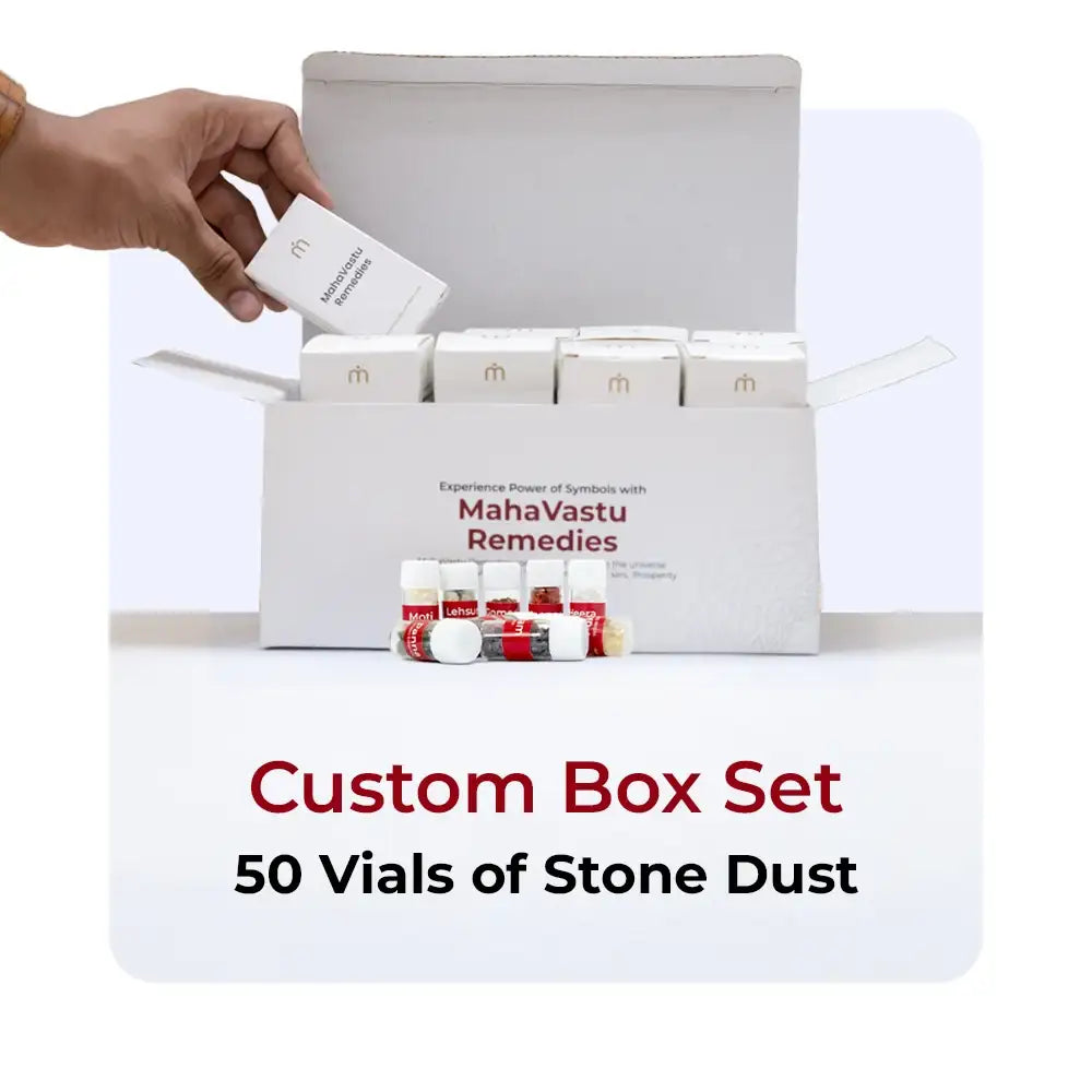 Custom MahaVastu Remedies box set with 50 stone dust vials for Vastu energy balancing and positivity