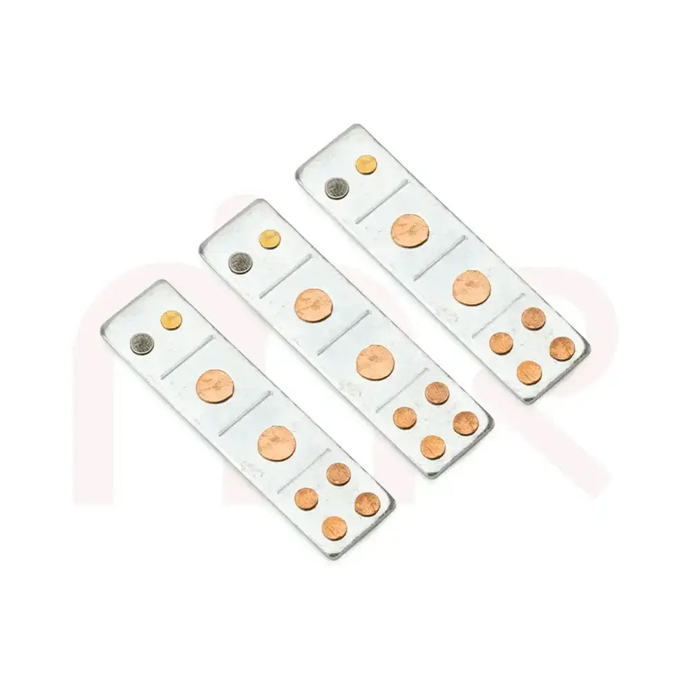 Set of three silver Vastu metal strips with copper and brass studs for space correction.