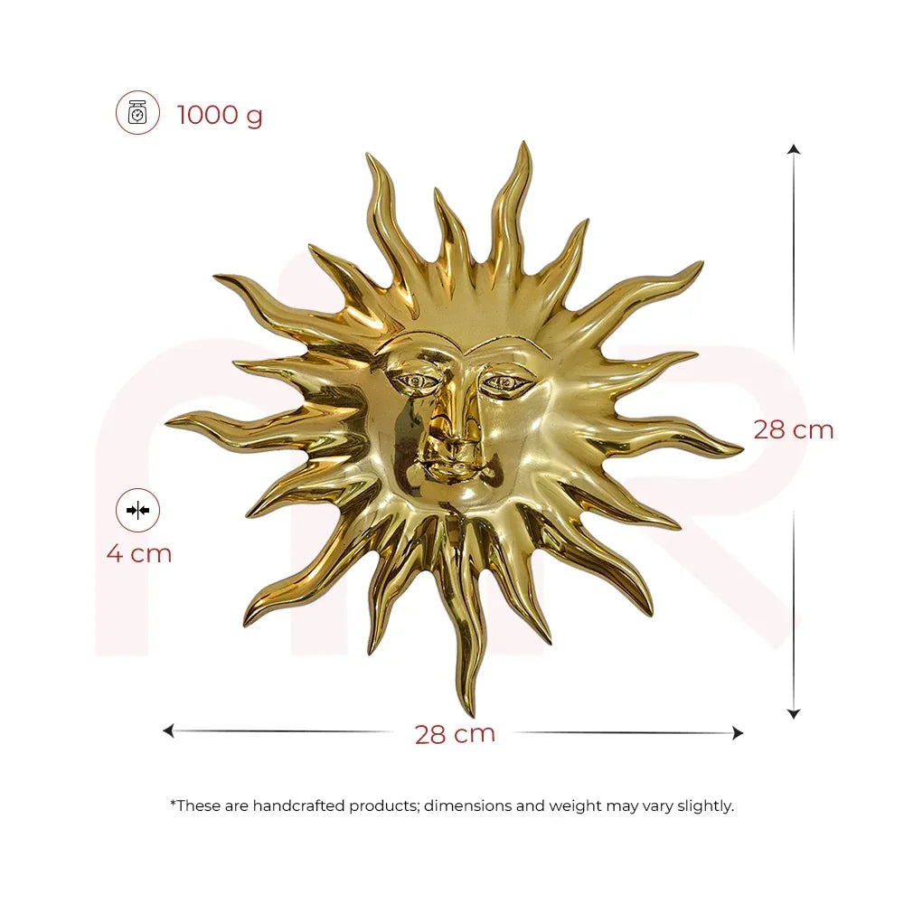 Handcrafted golden sun face wall decor for Vastu, 28x28 cm, 1000g weight, 4 cm depth