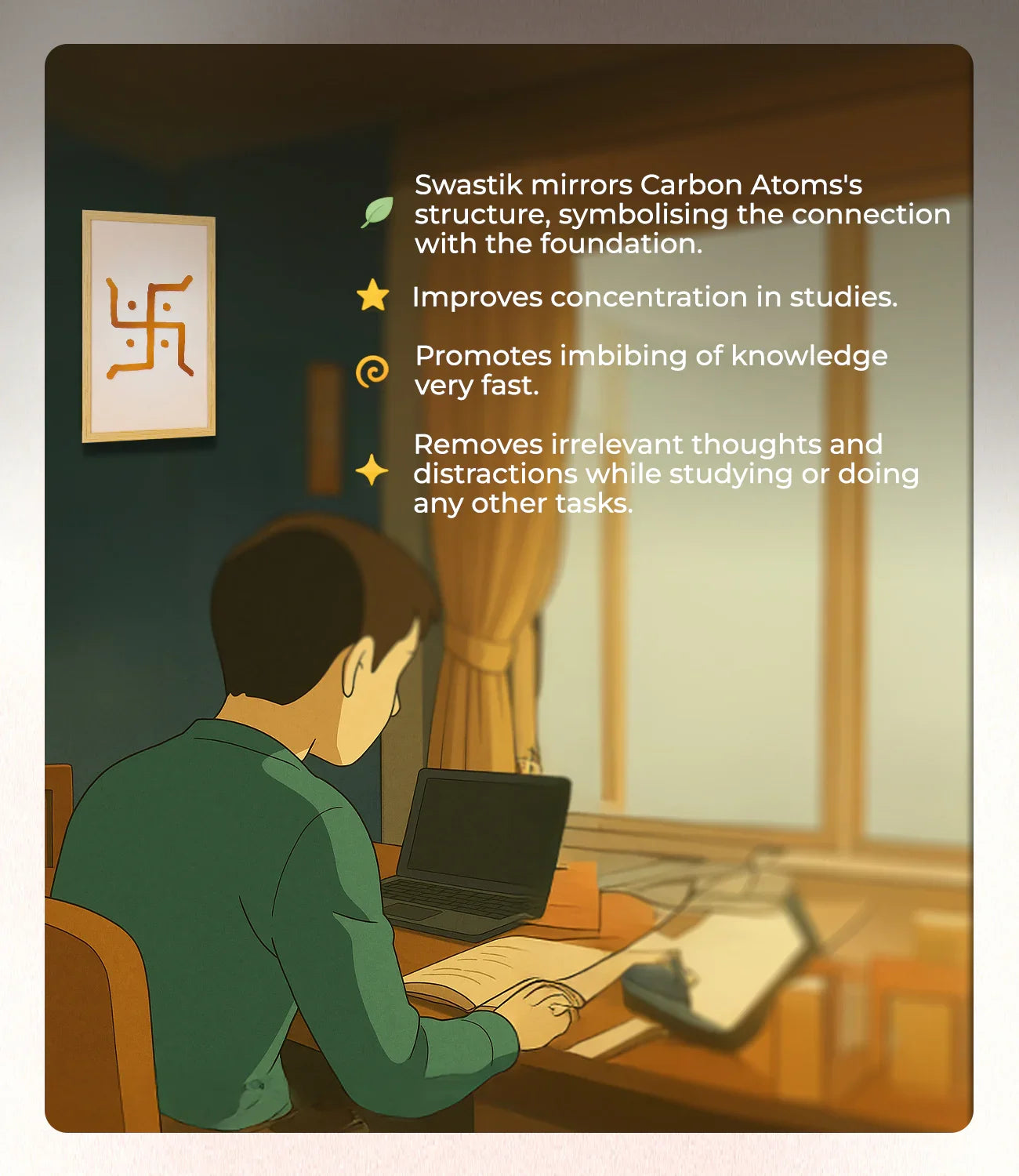 Student studying at desk with laptop and open book, framed swastik vastu symbol on wall, benefits text overlay.