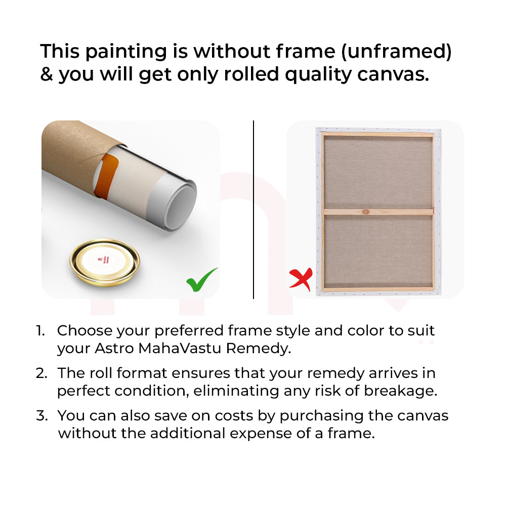 Unframed rolled canvas painting for Vastu remedies, customizable frame, safe shipping, cost-effective