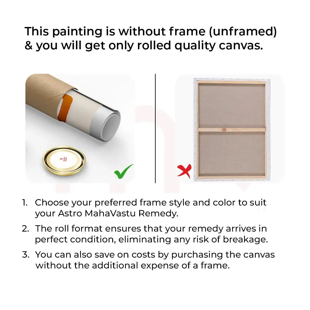 Unframed rolled canvas painting for Vastu remedies, customizable frame, safe shipping, cost-effective