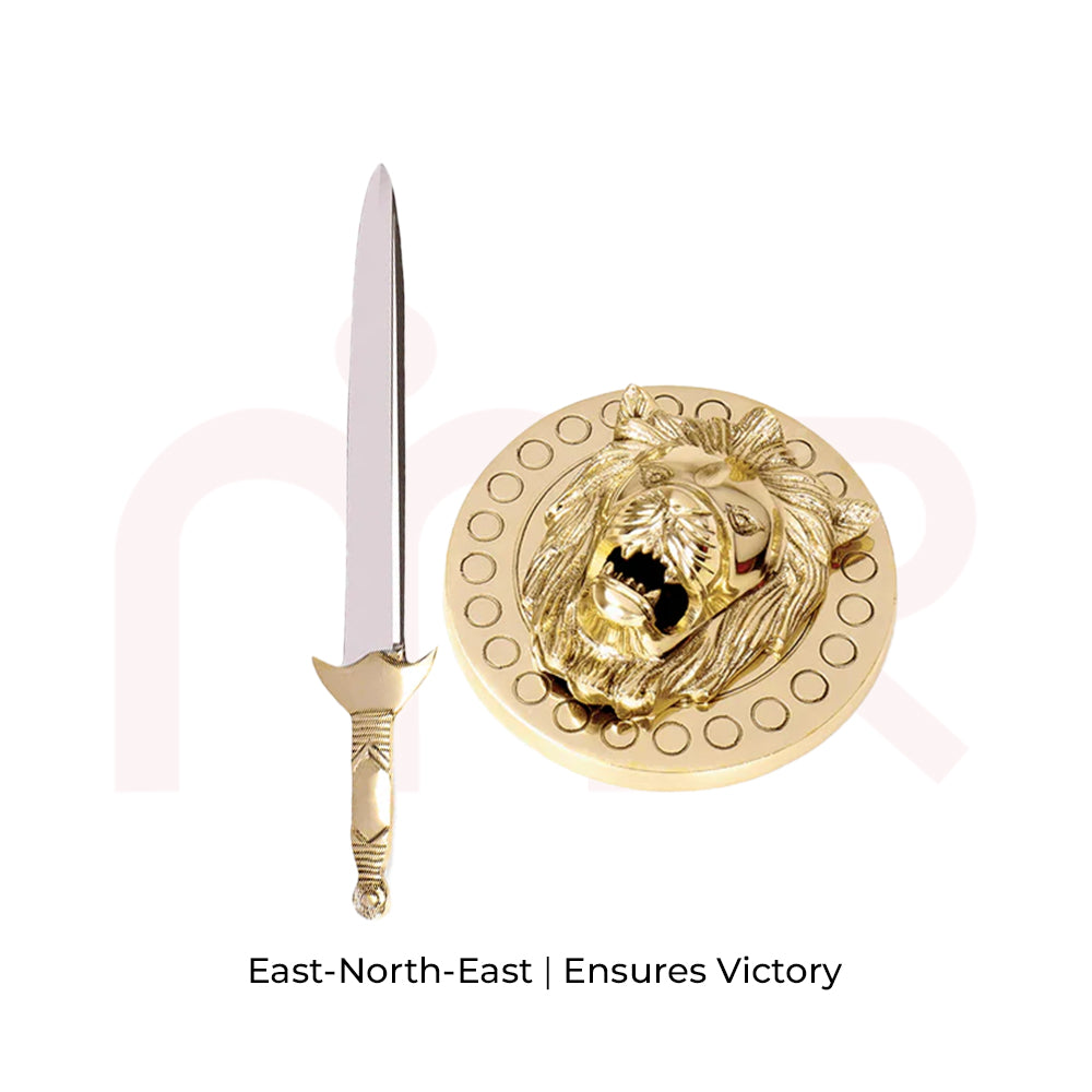 MahaVastu remedy set with gold sword and lion shield for Vastu Shastra victory and positivity