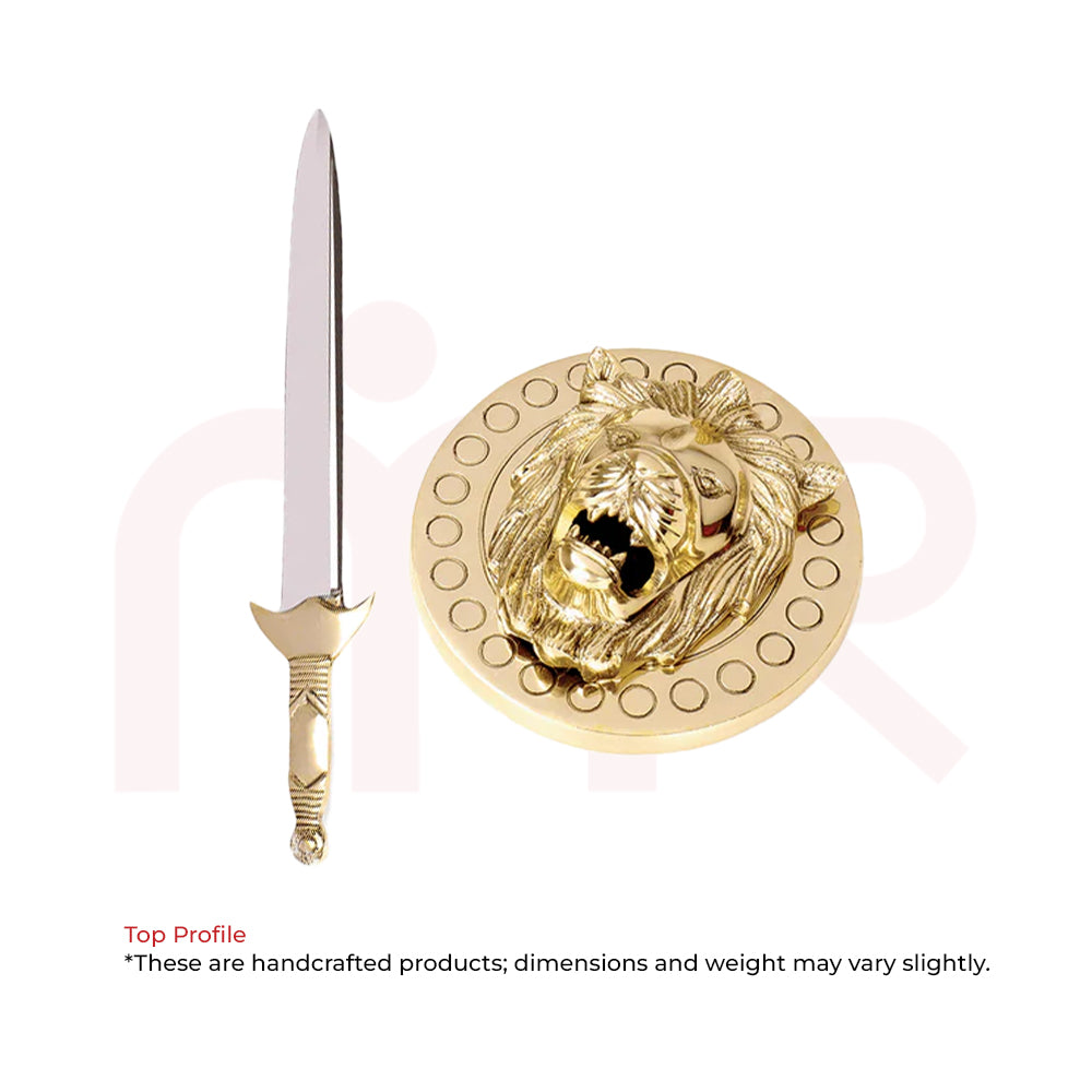 Brass sword with decorative handle and circular lion head shield, Vastu remedy decor