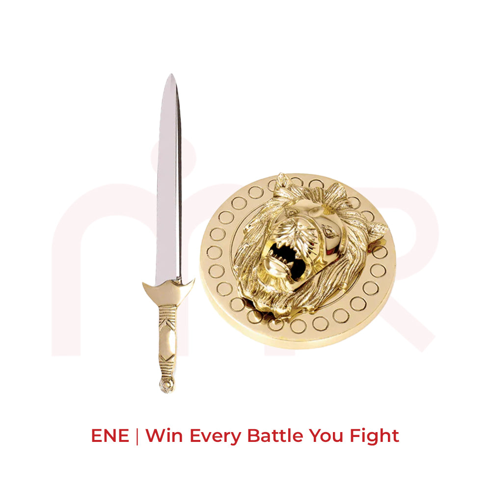 Vastu remedy sword and lion shield set with gold finish for victory and positive energy