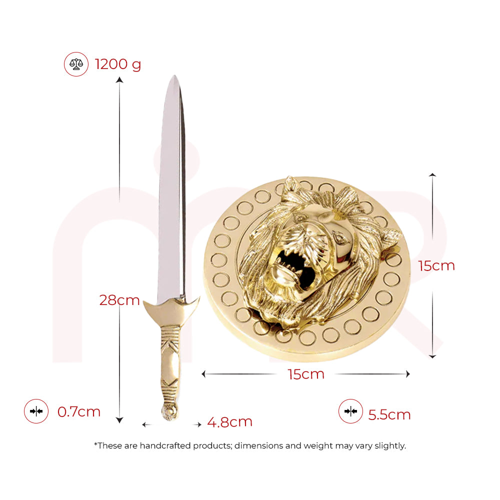Brass Vastu remedy sword and lion shield set, handcrafted, with dimensions and weight details displayed.
